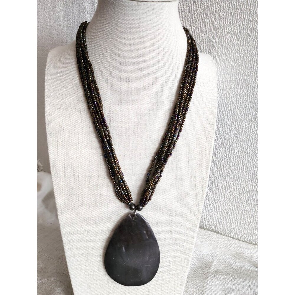 Black Glass Iridescent Beaded Necklace w/ Black Teardrop Pendant 17"